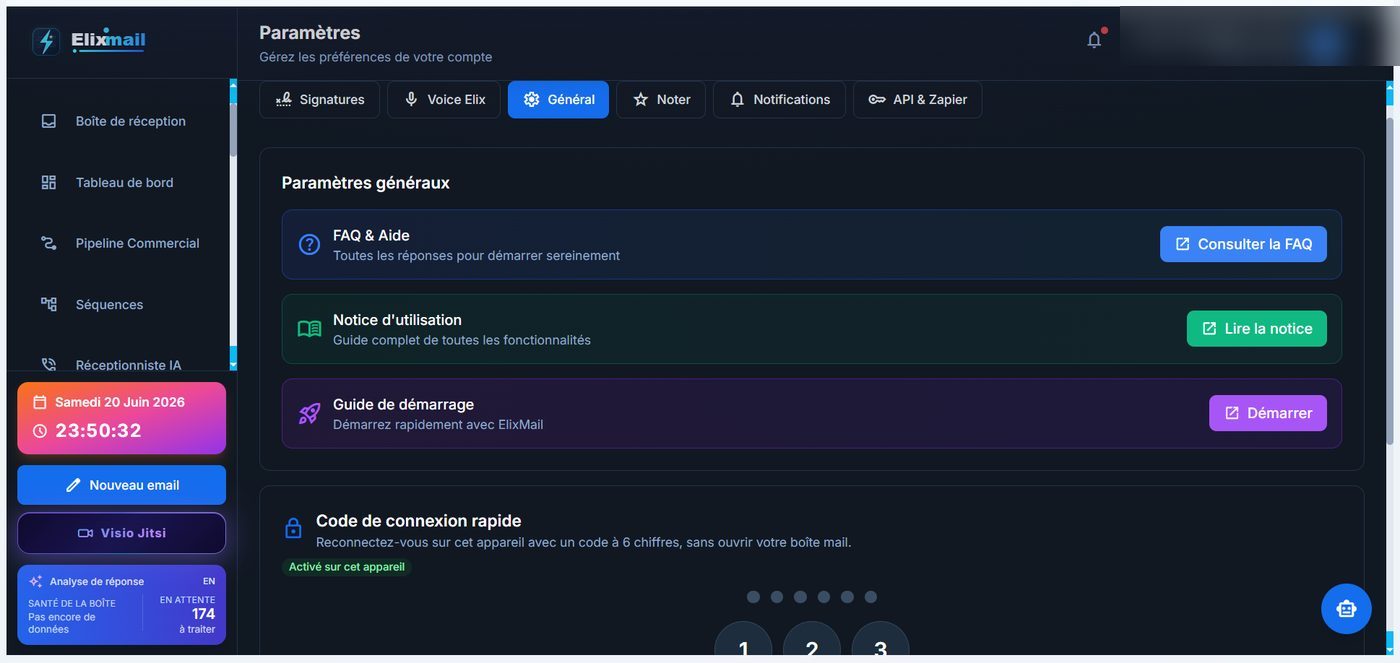 Réglages généraux & Notice — Elixmail