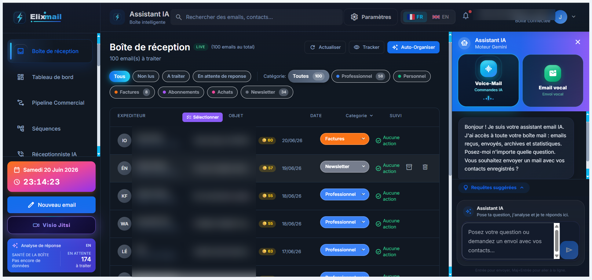 Boîte de réception unifiée Elixmail : 100 emails classés par catégorie IA (Professionnel, Factures, Newsletter) avec assistant IA intégré