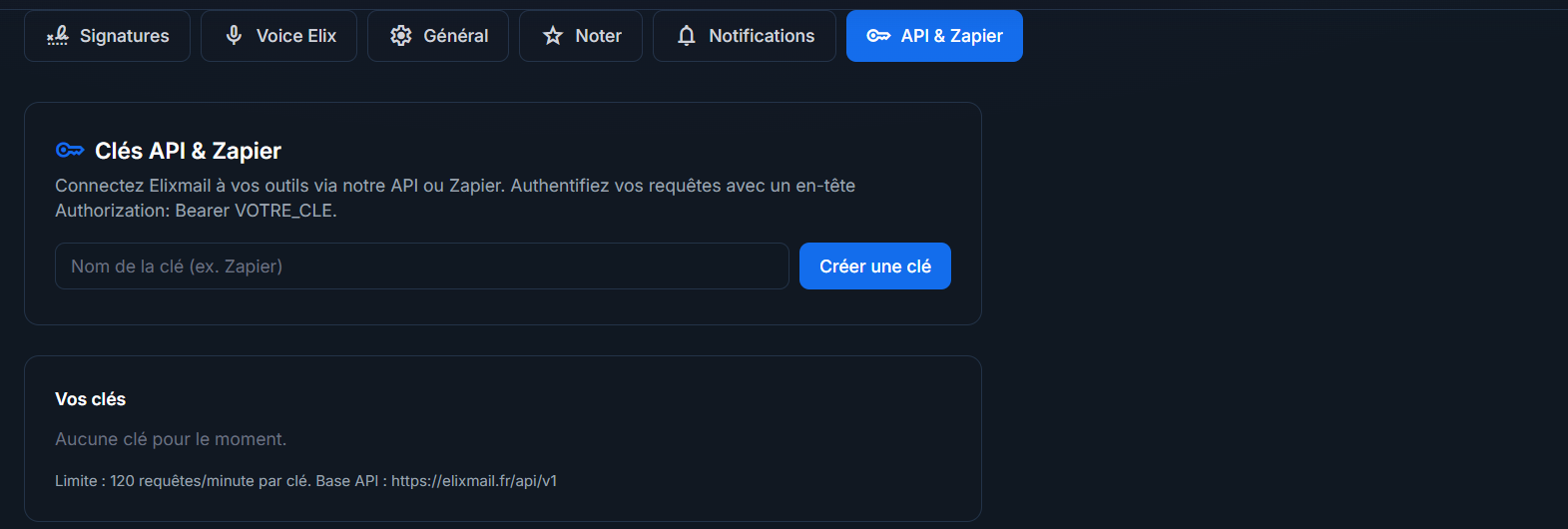 Réglages API & Zapier d'Elixmail : création de clé, authentification par en-tête Authorization Bearer, limite 120 requêtes par minute