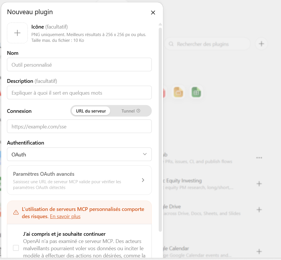 New plugin form — Name, Server URL, OAuth, checkbox
