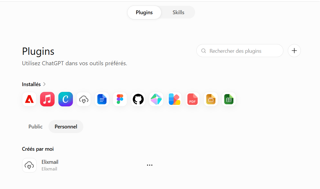 Plugins — Personal tab — Elixmail connector